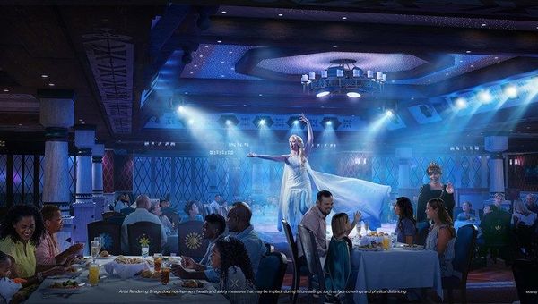 A rendering of the Disney Wish's Frozen Dining Adventure, Disney’s first Frozen-themed theatrical dining experience.