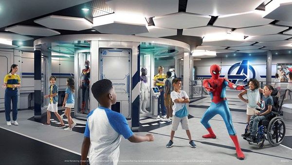 In the Disney Wish's Marvel Super Hero Academy, seen here in a rendering, kids train to be the next generation of superheroes with the help of Spider-Man, Black Panther, Ant-Man and the Wasp.