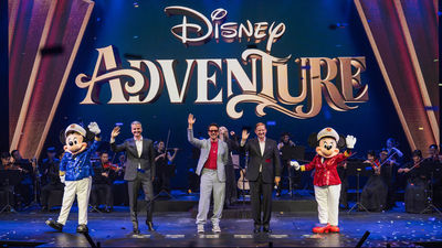 Captains Mickey and Minnie Mouse join Disney CEO Josh D’Amaro, Robert Downey Jr. and Disney Signature Experiences President Joe Schott onstage at the christening ceremony.