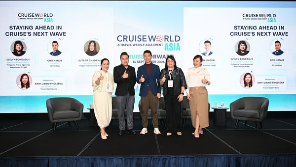 Travel agents at CruiseWorld Asia 2026: Regale International’s Sutatip Chadavadh; EU Holidays' Ong Hanjie; Chan Brothers Travel’s Chen Jingkai; Philippine Travel Agencies Association’s Evelyn Bondagjy and Travel Weekly Asia’s Xinyi Liang-Pholsena. Travel agents at CruiseWorld Asia 2026: Regale International’s Sutatip Chadavadh; EU Holidays' Ong Hanjie; Chan Brothers Travel’s Chen Jingkai; Philippine Travel Agencies Association’s Evelyn Bondagjy and Travel Weekly Asia’s Xinyi Liang-Pholsena.