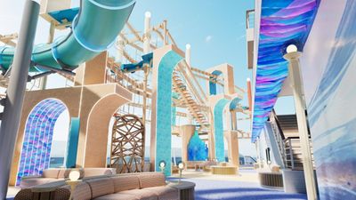 Located on decks 18 to 21, Norwegian Aura features the Ocean Heights with multiple slides, a ropes course and a rock-climbing wall.