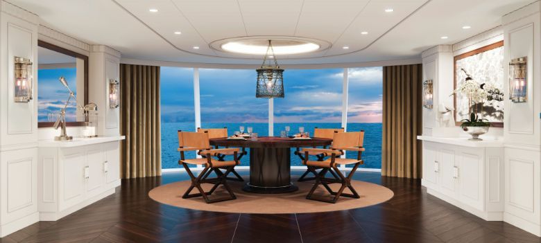 On board Vista, Owner's Suites will have a dining room with a floor-to-ceiling, bow-shaped glass wall overlooking the sea.