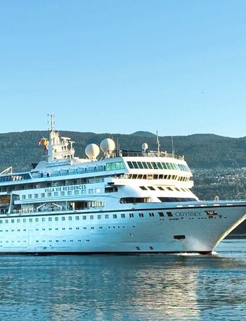 Villa Vie Odyssey is docked in Sihanoukville, Cambodia, as its operator coordinates disembarkation and temporary accommodation for residents.