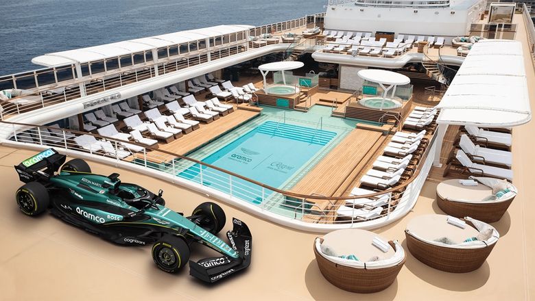Aston Martin Aramco shows off its Formula One racer with Regent Seven Seas.