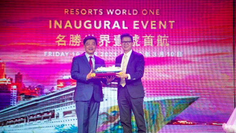 Resorts World Cruises' president Michael Goh and Hong Kong Tourism Board's general manager, MICE & cruise Kenneth Wong at the launch and inaugural sailing of Resorts World One from Hong Kong.