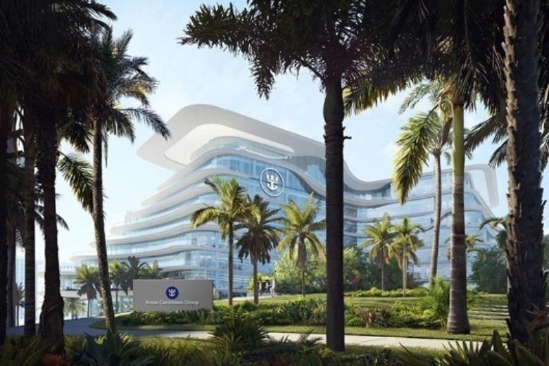 The refreshed logo for the newly renamed Royal Caribbean Group as seen in a rendering of its Miami headquarters.