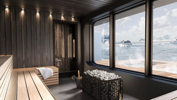 The sauna and jacuzzi on Deck 8 allows guests to get warm and cozy while enjoying views of the icy wilderness. The sauna and jacuzzi on Deck 8 allows guests to get warm and cozy while enjoying views of the icy wilderness.