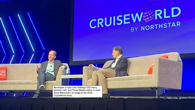 Norwegian Cruise Line Holdings CEO Harry Sommer, left, and Travel Weekly editor in chief Arnie Weissmann on stage at the 2024 CruiseWorld show.
