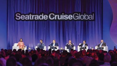 The State of the Global Cruise Industry Keynote panel at Seatrade. From left, moderator Contessa Brewer, Carnival Corp.'s Josh Weinstein, Royal Caribbean Group's Jason Liberty, MSC Group's Pierfrancesco Vago, Norwegian Cruise Line Holdings' John Chidsey and CLIA's Bud Darr.