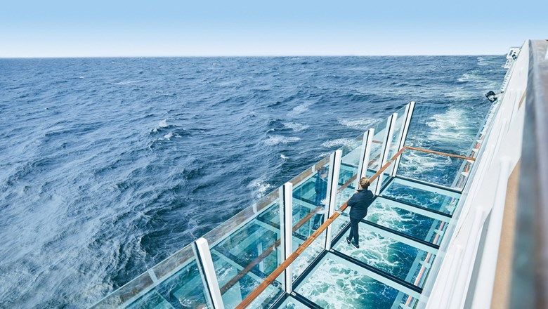 A rendering of the "glass balcony" aboard the Hanseatic Spirit. The retractable public walkway will be used for sightings.