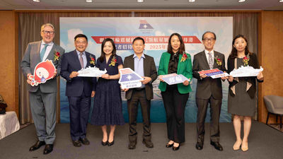 Welcome to Hong Kong: (L-R) Colin Kerr, SVP, Entertainment, StarDream Cruises, Michael Goh, president, StarDream Cruises, Anges Ho, acting deputy commissioner for Tourism Commission,Colin Au, CEO & executive director, StarDream Cruises, Marilyn Tham, general manager, Mega Events, MICE & Cruise of Hong Kong Tourism Board, Tommy Tam, chairman of Hong Kong Travel Industry Council and Ling Sit, AVP – Sales, StarDream Cruises.