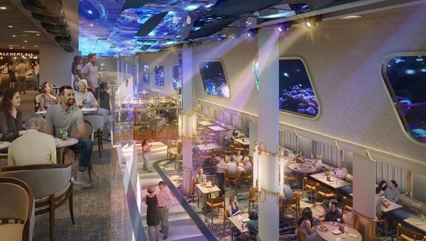 The Currents zone on the Carnival Jubilee shows LED windows and the ceiling creating an underwater ambience. The Currents zone on the Carnival Jubilee shows LED windows and the ceiling creating an underwater ambience.