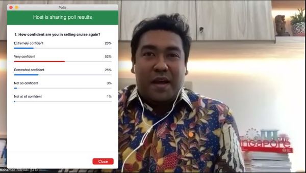 A poll conducted by STB's Mohamed Firhan Abdul Salam gave insights into the high level of confidence among Indonesian agents in selling cruise again. A poll conducted by STB's Mohamed Firhan Abdul Salam gave insights into the high level of confidence among Indonesian agents in selling cruise again.