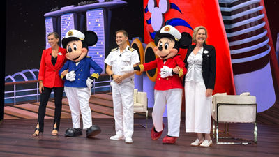 From left: Sarah Fox, vice president & regional general manager, Asia, Disney Cruise; Mickey Mouse; Lee Hawkins, cruise director, Disney Cruise Line; Minnie Mouse; Laura Carbo, executive creative director, Disney Imagineering
