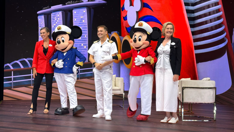 From left: Sarah Fox, vice president & regional general manager, Asia, Disney Cruise; Mickey Mouse; Lee Hawkins, cruise director, Disney Cruise Line; Minnie Mouse; Laura Carbo, executive creative director, Disney Imagineering