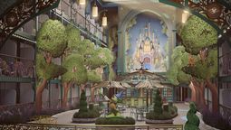 The Disney Imagination Garden is an immersive, enchanted valley aboard the Disney Adventure, featuring a storybook castle, theatrical stage, and restaurants inspired by Disney stories.