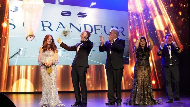 During the Seven Seas Grandeur's christening, Sarah Fabergé (far left) joined NCLH and Regent Seven Seas Cruises executives as the godmother.