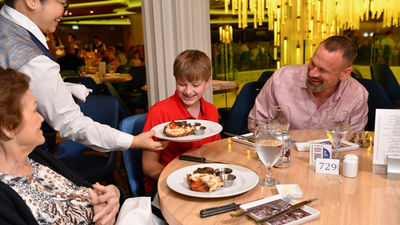 Express dining delivers multi-course dinners a la minute, mirroring the main dining room offerings with a slightly abbreviated selection.