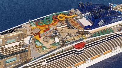 The Harbour on MSC World Asia is an outdoor activity zone with a swing ride, dry slide, ropes course, water features, and casual dining options.