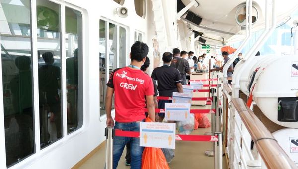 Safe distancing measures are in place to welcome foreign workers on board SuperStar Gemini. Safe distancing measures are in place to welcome foreign workers on board SuperStar Gemini.