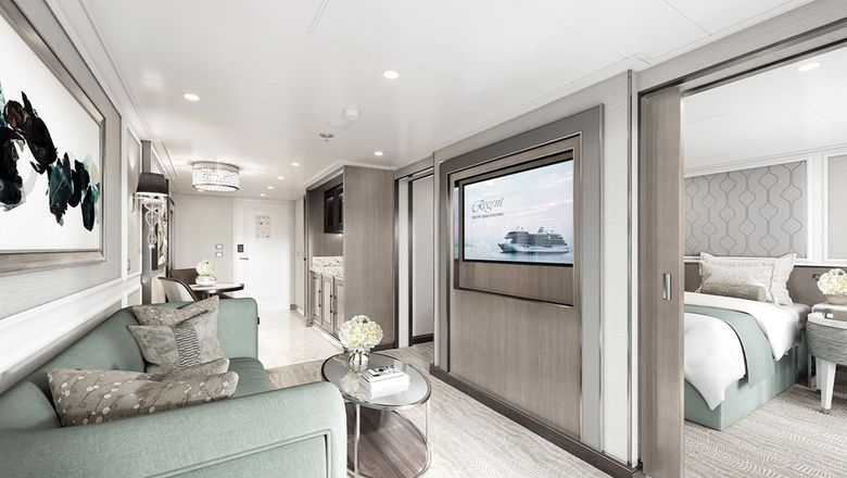 Regent Seven Seas Cruises' Penthouse Suites have an entertainment centre that separates the living room and bedroom.
