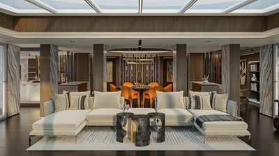 The Skyview Regent Suite’s formal dining area includes a grand table, built-in serving credenzas, a glass-enclosed bar, and a skylight.