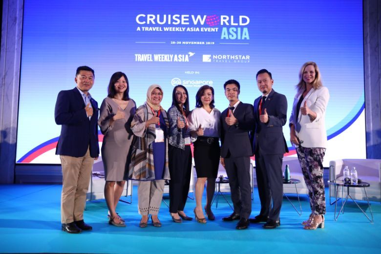 From left, Genting Cruise Lines’ Michael Goh; Travel Weekly Asia’s Lee Xin Hui; Indonesia’s Ministry of Tourism’s Rizki Handayani; Singapore Tourism Board’s Jeannie Lim, Northstar Travel Group’s Irene Chua; Ha Long International Cruise Port’s Pham Van Hiep; Penang Global Tourism’s Ooi Chok Yan; and Royal Caribbean’s Angie Stephen.