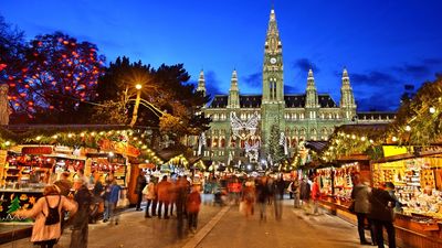 Christmas market in front of the Rathaus (City hall) of Vienna, Austria.