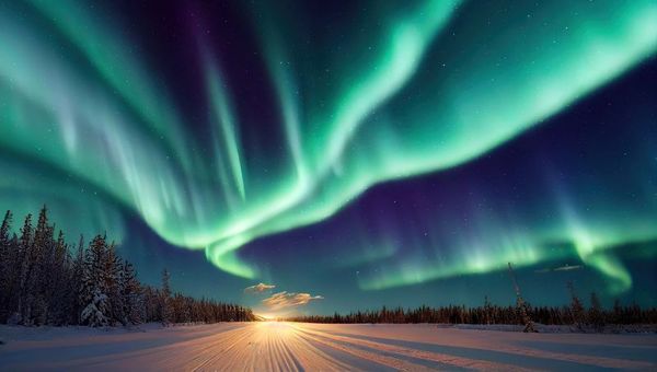 Spectacular aurora borealis, or northern lights, over winter landscape in Finnish Lapland.