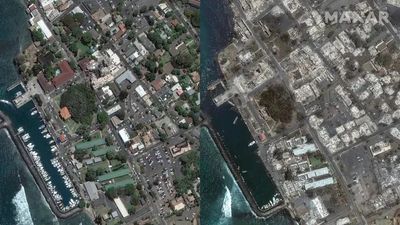 Lahaina, on the Hawaiian island of Maui, was devastated by wildfires. Seen here is the Lahaina Square Shopping Center area, taken on 25 June (left) and 9 August (right).
