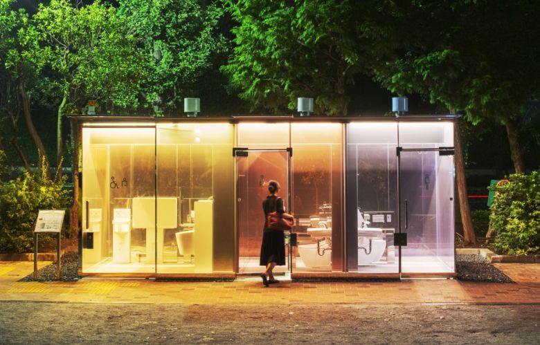 Shigeru Ban's transparent bathrooms at Yoyogi Fukamachi Mini Park turn opaque when visitors lock the door.