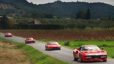 Vintage Ferrari cars from Museo Casa Enzo Ferrari Modena’s collection taken out for a scenic drive in the Italian countryside.