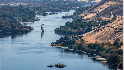 Sunset over the Nile River in the city of Aswan, Egypt.