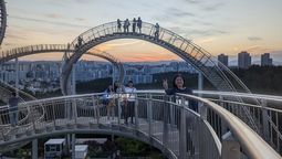 Hwanho Park Space Walk, a walkable steel "roller coaster", gave the travel agents a stunning sunset view of Pohang.
