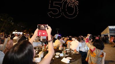 Guests at the Sentosa Golden Jubilee Dinner getting enthralled by a drone show depicting Sentosa’s 50-year journey.