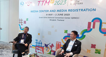 Tourism Authority of Thailand’s Chattan Kunjara Na Ayudhya and Siripakorn Chaewsamoot speaking about the country’s tourism performance and strategies at Thailand Travel Mart Plus 2023.