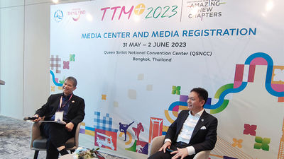 Tourism Authority of Thailand’s Chattan Kunjara Na Ayudhya and Siripakorn Chaewsamoot speaking about the country’s tourism performance and strategies at Thailand Travel Mart Plus 2023.