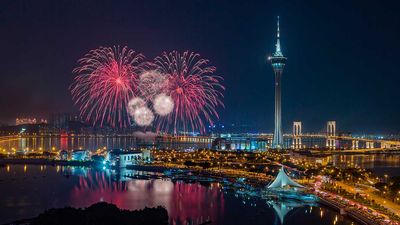 A shot of the Macao International Fireworks Display Contest, which happens every year over the skies of Macau Tower Shorefront.