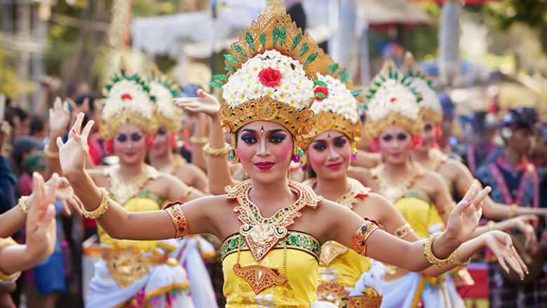 Balinese dancers doing a traditional temple dance.