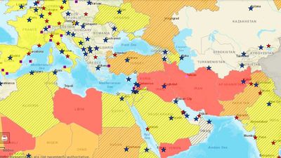An interactive map color-codes a country by its ranking: red for 4, orange for 3 and yellow for 2.