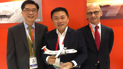 (L-R): Lim Kian Hui, sales director, ATR; Hanley Chew, CEO, Berjaya Hotels & Resorts; and Frederic Torrea, corporate secretary and general counsel, ATR at Singapore Air Show on Wednesday (February 8).