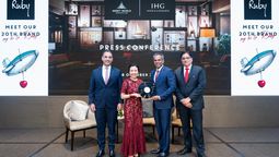 AWC’s Souffian Zaeraoui, chief hospitality group officer, and Wallapa Traisorat, CEO and president, with IHG’s Rajit Sukumaran, SVP and MD, East Asia & Pacific, and Vivek Bhalla, MD, Southeast Asia, at the Bangkok signing.