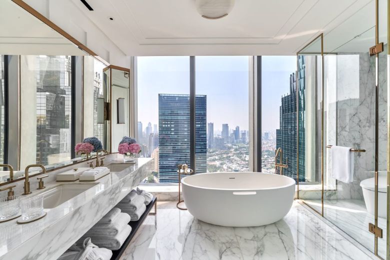 The 10m-high lobby at The Langham, Jakarta.