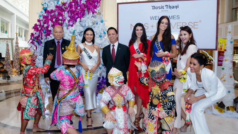 Representatives of 2018 Miss Universe visited Dusit Thani Pattaya resort as part of a tour to promote the area worldwide. Pictured (from left):  Banlue Kullavanijaya, deputy mayor, Pattaya; Miss Thailand, Sophida Kanchanarin; Neoh Kean Boon, general manager, Dusit Thani Pattaya; Miss Chile, Andrea Diaz; Miss Denmark, Helena Heuser; Miss Korea, Ji Hyun Baek; and Miss Vietnam, H’Hen Nie.