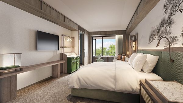 A guest room at Songtei Kyoto, Shangri-La Signatures, which will feature 77 rooms and suites designed to frame curated views of Nijo Castle’s Kita Ote-mon, gardens and surrounding landscape.