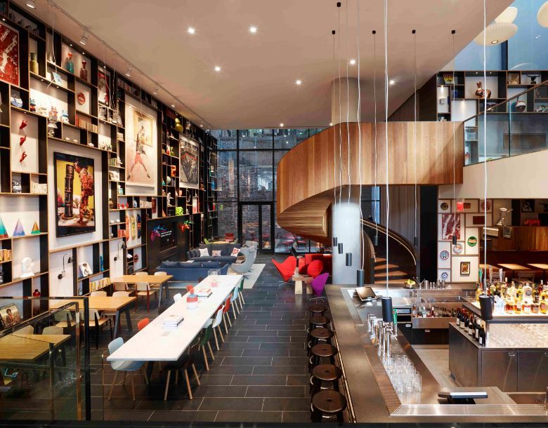 citizenM New York Bowery's "living room" features cosy corners and open spaces for work and leisure.