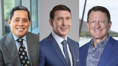 From left: Hyatt's Jim Chua, Hilton's Alan Watts and Outrigger's Jeff Wagoner