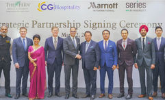 Let’s shake on it: Rajeev Menon, president, APEC - Marriott International and Dr. Binod Chaudhary, chairman of CG Corp Global, are joined by executives from Marriott, CG Corp  Global and Concept Hospitality at the partnership signing ceremony.