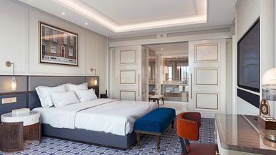 Londoner Grand’s suites feature Mayfair-inspired décor, traditional paneling, marble bathrooms, with options for terraces, kid rooms, media rooms, and pools.
