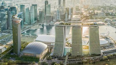 The artist impression showcases the relocated luxury hotel tower on the left and a 15,000-seat entertainment arena.